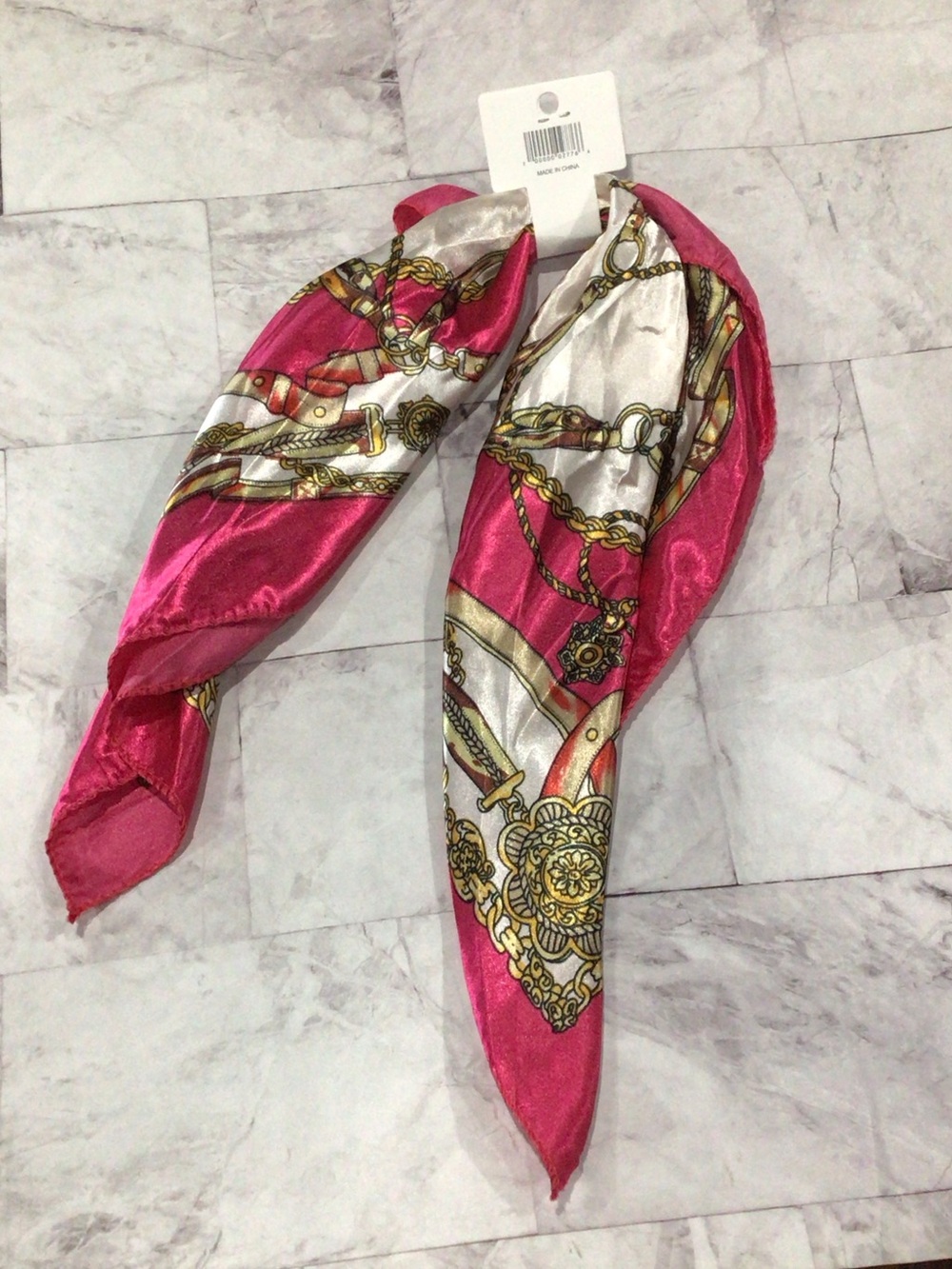 Pink Patterned Women's Satin Scarf - Elegant Chain Print
